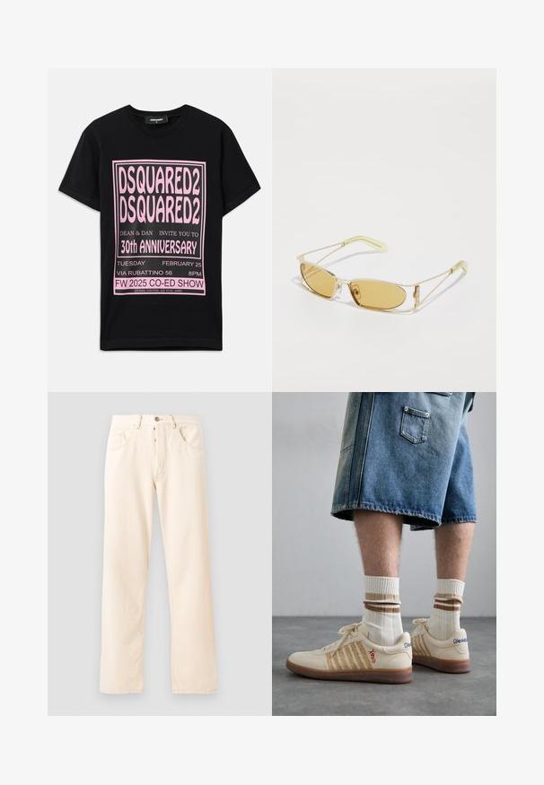 Veste en polaire crème avec un col haut, une fermeture éclair à l'avant et une poche poitrine verte arborant un logo et une fermeture à bouton.; T-shirt noir en coton avec un grand texte graphique rose. Le design inclut les détails de l'événement en différentes tailles de police et des informations supplémentaires en bas.; Jean en denim beige clair avec un design à jambe droite, cinq poches et une fermeture à bouton à l'avant. Couture visible le long des coutures.; Baskets rétro beiges avec une semelle en caoutchouc brun, ornées d'accents rayés et de logos brodés. Portées avec des chaussettes blanches, détails rayés bruns.; Lunettes de soleil teintées de jaune avec une monture dorée translucide, de forme rectangulaire fine et des branches angulaires avec des accents vert clair.