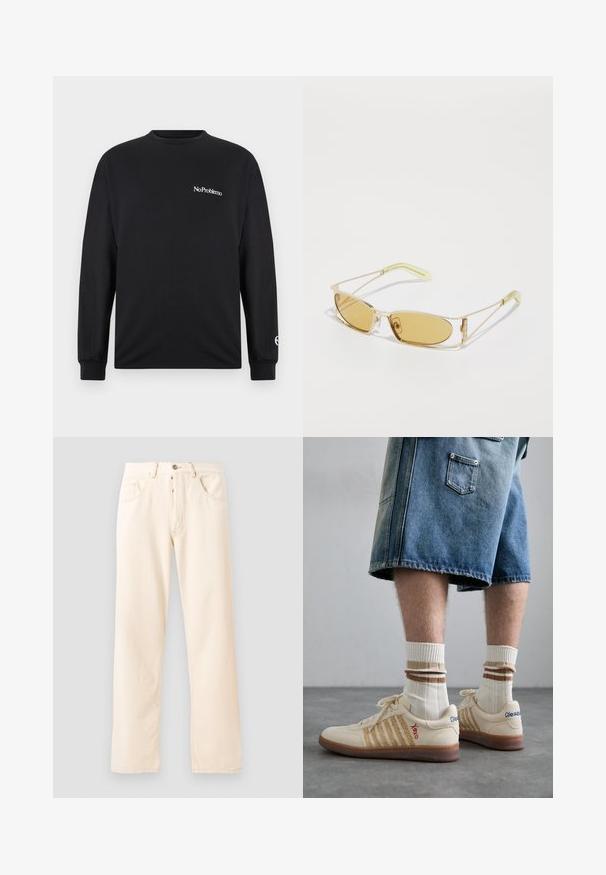 Kreminė fliso striukė su aukštu kaklu, priekiniais užtrauktukais ir žalia krūtine kišene, kurioje yra logo ir sagos uždarymas.; Juodas ilgomis rankovėmis marškinėlis, pagamintas iš medvilnės. Priekyje yra užrašas "No Problemo" ir logotipas ant rankovės. Apvalus iškirpimas ir prigludusios rankovės.; Šviesiai smėliniai džinsai su tiesiu sijonu, penkiomis kišenėmis ir priekiu užsegamu mygtuku. Siuvimo linijos matomos palei siūles.; Bežiniai retro sportbačiai su rudu guminio pado, turi dryžuotų akcentų ir siuvinėtų logotipų. Dėvimi su baltais kojiniais, su dryžuotu ruduo akcentu.; Geltonos atspalvio akiniai nuo saulės su permatomu auksiniu rėmu, liekna stačiakampio forma ir kampuotais rankenėlėmis su šviesiai žaliais akcentais.