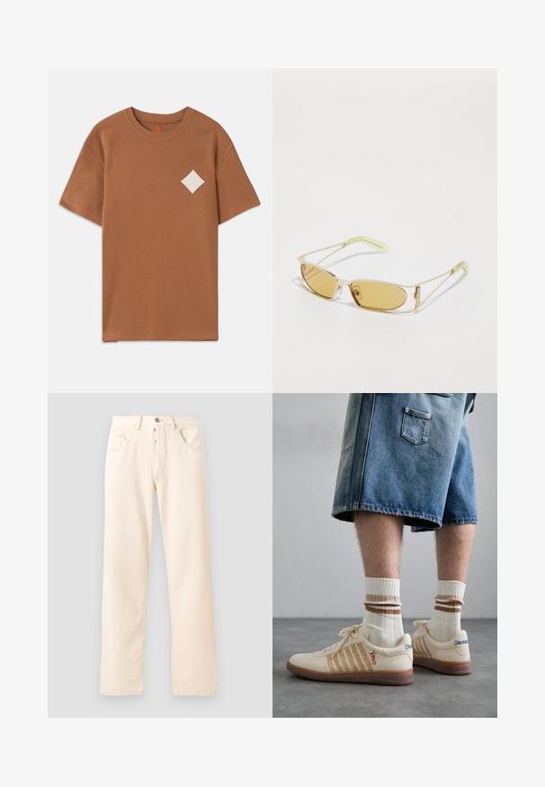 Fleece-Jacke in Creme mit hohem Kragen, Frontreißverschluss und einer grünen Brusttasche mit Logo und Knopfverschluss.; Braunes Baumwoll-T-Shirt mit kurzen Ärmeln, rundem Halsausschnitt und einem weißen Diamant-Logo-Patch auf der linken Brust.; Helle beige Denim-Jeans mit geradem Bein, fünf Taschen und einer Knopfverschluss vorne. Nähte sichtbar entlang der Nähte.; Beige Retro-Sneaker mit braunem Gummisohle, mit gestreiften Akzenten und gestickten Logos. Getragen mit weißen Socken, gestreiftem braunen Detail.; Gelb getönte Sonnenbrille mit einem durchsichtigen goldenen Rahmen, schlanker rechteckiger Form und eckigen Bügeln mit hellgrünen Akzenten.