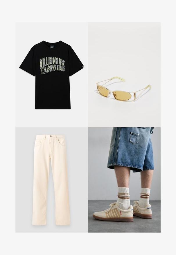 Krémová fleecová bunda s vysokým límcem, předním zipem a zelenou náprsní kapsou se znakem a knoflíkovým zapínáním.; Černé bavlněné tričko s krátkým rukávem, s potiskem "Billionaire Boys Club" v bílé a zelené grafice, včetně designu astronauta.; Světlé béžové džíny s rovnými nohavicemi, pěti kapsami a předním zapínáním na knoflík. Šití viditelné podél švů.; Bežové retro tenisky s hnědou gumovou podrážkou, zdobené pruhovanými detaily a vyšitými logy. Nosené s bílými ponožkami, pruhovaný hnědý detail.; Sluneční brýle se žlutým nádechem, s průhledným zlatým rámem, štíhlým obdélníkovým tvarem a úhlovými nohami s světle zelenými akcenty.