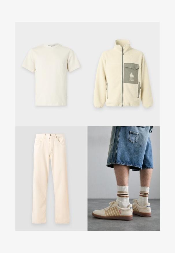 Fleece jacket in cream with a high collar, front zipper, and a green chest pocket featuring a logo and button closure.; Light beige cotton t-shirt with a rounded neckline and short sleeves. Features a straight cut and a small logo tag on the left side.; Light beige denim jeans with a straight-leg design, five pockets, and a front button closure. Stitching visible along seams.; Beige retro sneakers with brown rubber sole, featuring striped accents and embroidered logos. Worn with white socks, striped brown detail.
