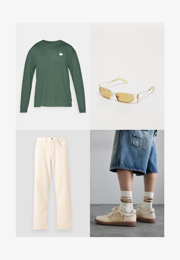 Fleece takki vaaleassa värissä, jossa on korkea kaulus, etuvetoketju ja vihreä rintatasku, jossa on logo ja napillinen suljenta.; Pitkähihaisessa t-paidassa tummanvihreä väri, valmistettu pehmeästä puuvillasta. Rinnassa pieni valkoinen graafinen kuva vihreästä hatusta. Pyöreä kaula-aukko.; Vaaleanbeiget farkut, joissa on suora lahje, viisi taskua ja etupainikekiinnitys. Ompeleet näkyvät saumoissa.; Beige retro lenkkarit ruskealla kumipohjalla, joissa on raidalliset yksityiskohdat ja brodeeratut logot. Yhdistetty valkoisten sukien kanssa, joissa on ruskeat raidat.; Keltainen sävyisät aurinkolasit, joissa on läpinäkyvä kultakehys, kapea suorakulmainen muoto ja kulmikkaat varret, joissa on vaaleanvihreitä yksityiskohtia.