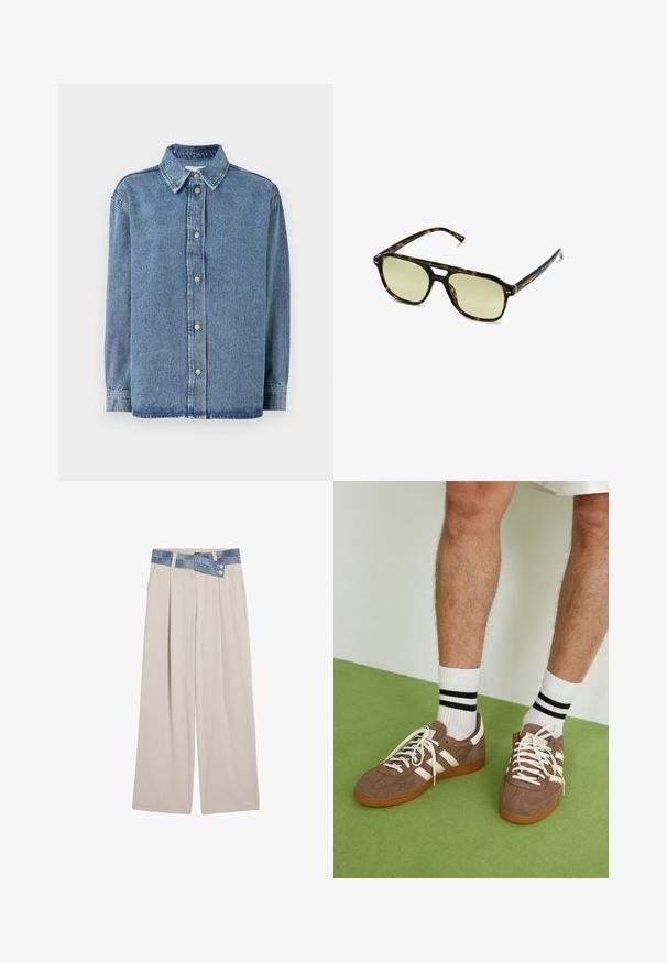 Chaqueta acolchada de color verde oliva con cierre de cremallera en el frente, cuello alzado y puños elásticos. Presenta un patrón geométrico en la tela.; Camisa de mezclilla en azul claro con mangas largas, cierre frontal de botones, cuello puntiagudo y un ajuste relajado. Textura suave con un detalle de costura mínimo.; Pantalones de pierna ancha en un beige claro con una cintura de mezclilla que cuenta con dos botones y detalles de pliegues en el frente. Textura suave y ajuste relajado.; Zapatillas de ante marrón con acentos y cordones blancos. Suela de goma color caramelo. Usadas con calcetines blancos con rayas negras. Suelo texturizado verde.; Gafas de sol carey con forma rectangular, lentes con tinte verde y montura de acetato con patrones. Presentan acentos metálicos cerca de las lentes.; Bolso de hombro de lona beige con forma curvada, acentos de cuero marrón, cierre de cremallera y detalles de hardware en tono dorado.
