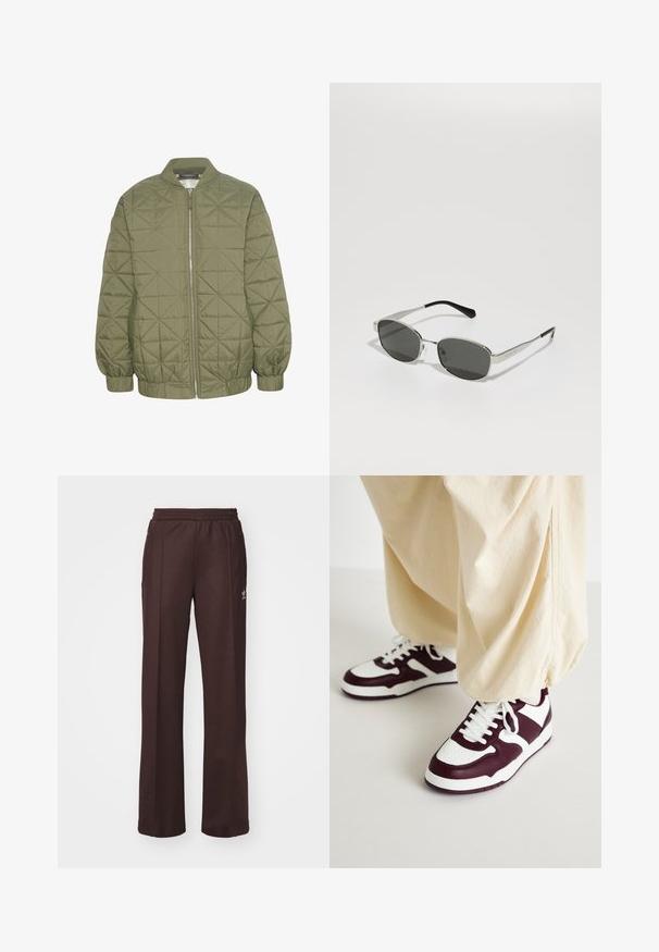 Gevoerde olijfgroene jas met een ritssluiting aan de voorkant, een staande kraag en elastische manchetten. Voorzien van een geometrisch patroon op de stof.; Bruine katoenen T-shirt met een relaxte pasvorm, korte mouwen en een kleine graphic in het wit en paars met de tekst "HEERLIJK VERFRISSEND FRUIT".; Bruine sportieve broek met een elastische tailleband, twee zijzakken en een klein logo aan de linkerzijde, gemaakt van een zachte stof.; ONLY SHOES ONLSWIFT - Sneakers laag - white/dark red; Zonnebril met grijze lenzen, slank zilveren metalen frame, transparante accenten en zwarte uiteinden op de pootjes. Heeft een ovale vorm.