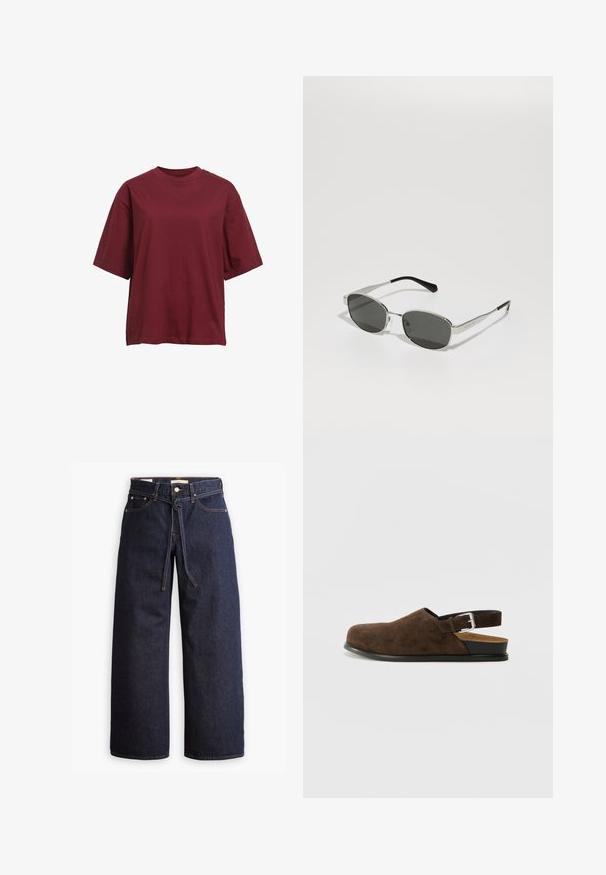 Giacca trapuntata verde oliva con zip frontale, colletto rialzato e polsini elasticizzati. Presenta un motivo geometrico sul tessuto.; Object GIMA - T-shirt basic - cabernet; Jeans in denim scuro a gamba larga con vita alta, dotati di un laccio, cinque tasche e dettagli di cucitura a contrasto.; Scarpa slip-on in suede marrone con tacco basso, cinturino regolabile con fibbia argentata e suola in gomma nera.; Occhiali da sole con lenti grigie, sottile montatura in metallo argento, dettagli trasparenti e punte nere sulle aste. Presentano una forma ovale.; Borsa tote in suede marrone con forma ampia e texture morbida, caratterizzata da una strap singola e hardware minimale su uno sfondo neutro.