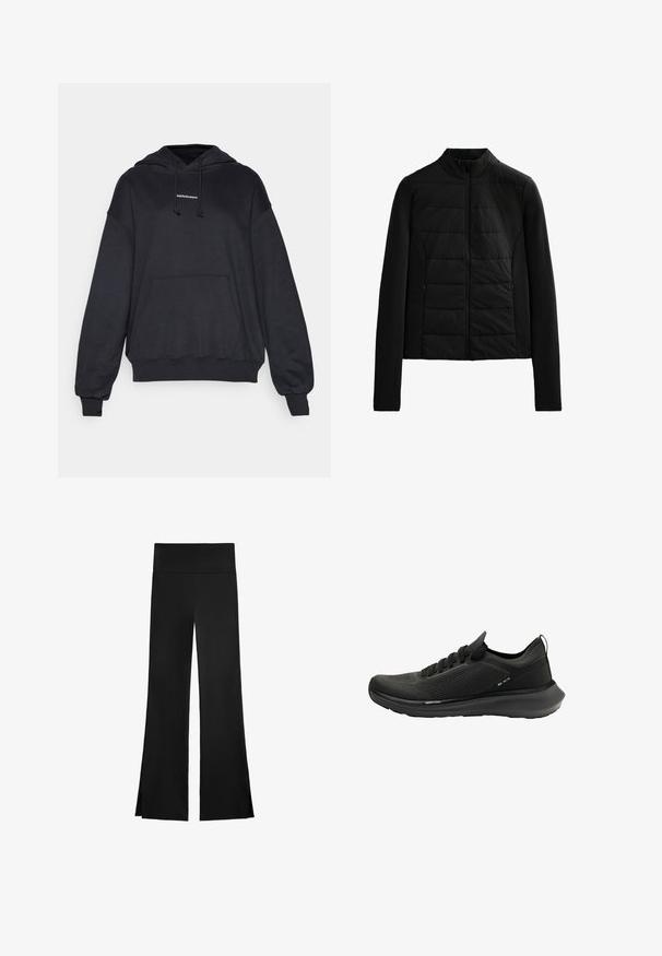 Černá prošívaná bunda s dlouhými rukávy, stojáčkem a předním zipem, navržená pro lehké teplo a týmový střih.; Černá mikina s kapucí vyrobená z měkkého materiálu, s kapucí na šňůrky, přední kapsou a ribovanými manžetami a lemem. Minimalistická detaily loga.; Černé kalhoty s širokým střihem, mají vysoký pas a boční rozparky pro snadný pohyb. Vyrobené z hladké, pružné tkaniny.; Černá sportovní obuv s texturovaným síťovaným svrškem, zakřivenou podrážkou a minimalistickým designem s tkaničkovým zapínáním a nenápadným značením.