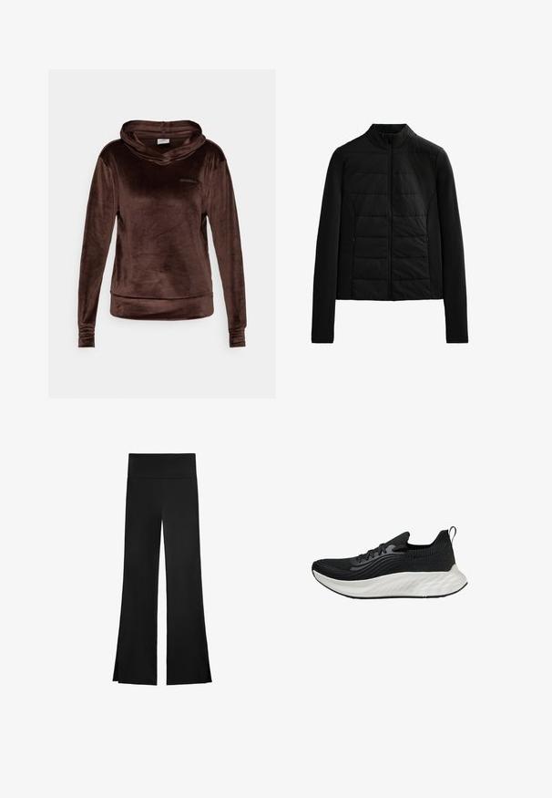 Sort quiltet jakke med lange ærmer, stående krave og lynlåslukning foran, designet til let varme og en slank pasform.; Brun fløjlshoodie med lange ærmer, cowl-krave og syede manchetter. Har et diskret logo foran. Blød tekstur og afslappet pasform.; Sorte bukser med bredt ben-design, featuring en høj talje og sideslids for nem bevægelse. Fremstillet af et glat, strækbart stof.; Sort atletisk sko med en tekstureret overdel, en hvid polstret sål og diskret branding. Har en trækflap og snørelukning.