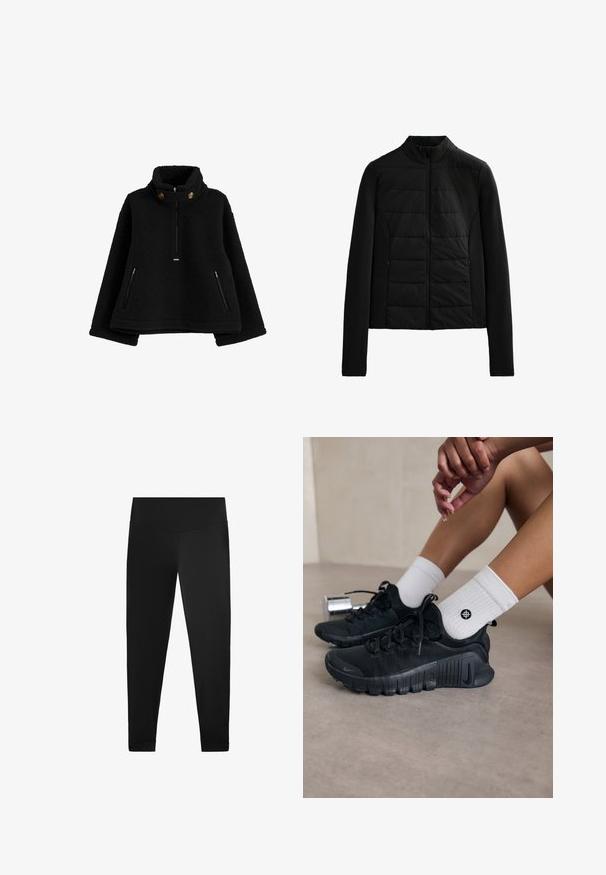 Schwarze gesteppte Jacke mit langen Ärmeln, Stehkragen und vorderem Reißverschluss, entworfen für leichte Wärme und eine schlanke Passform.; Schwarzer Fleece-Pullover mit hohem Kragen, durchgehendem Reißverschluss und zwei seitlichen Reißverschlusstaschen; mit runden Knöpfen am Kragen.; Schwarze Leggings aus glattem, dehnbarem Material. Hochtailliertes Design mit Fußgelenkdetails und ohne sichtbare Muster oder Beschläge.; Schwarze Sportschuhe aus strukturiertem Stoff, mit Schnürdesign und auffälliger Sohle, kombiniert mit weißen gerippten Socken, die ein kleines Logo tragen.