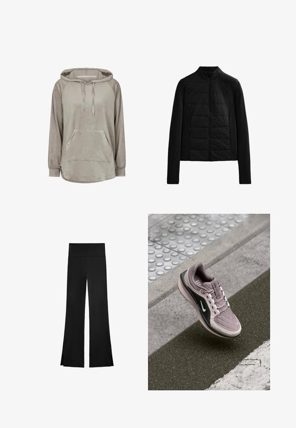 Giacca nera trapuntata con maniche lunghe, colletto rialzato e chiusura con zip frontale, progettata per un calore leggero e una vestibilità elegante.; Felpa grigia chiara realizzata in tessuto morbido e testurizzato, con tasca frontale, cordini e maniche lunghe a raglan.; Pantaloni neri con una linea a gamba larga, dotati di una vita alta e fessure laterali per facilitare il movimento. Realizzati in un tessuto morbido ed elasticizzato.; Scarpe da ginnastica di un leggero colore viola con texture trapuntata, dettagli neri ai lati e logo bianco. Presentano lacci e una suola imbottita per il massimo comfort.