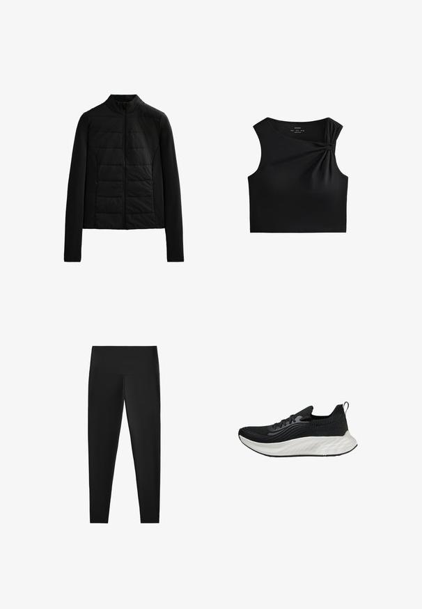 Giacca nera trapuntata con maniche lunghe, colletto rialzato e chiusura con zip frontale, progettata per un calore leggero e una vestibilità elegante.; Top corto nero senza maniche con dettaglio annodato sulla spalla, realizzato in un tessuto liscio e elastico con un design aderente.; Leggings neri a vita alta, realizzati in materiale elasticizzato. Texture liscia e design aderente per un'indossabilità comoda. Senza motivi visibili o accessori.; Scarpe sportive nere con tomaia testurizzata, suola bianca ammortizzata e branding discreto. Presentano un'utilità per il tallone e chiusura con lacci.