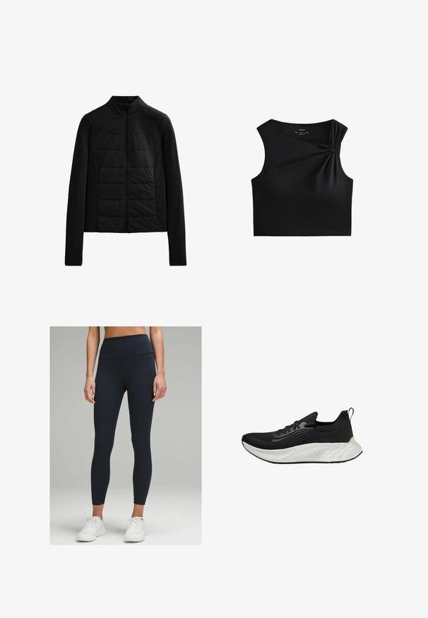 Giacca nera trapuntata con maniche lunghe, colletto rialzato e chiusura con zip frontale, progettata per un calore leggero e una vestibilità elegante.; Top corto nero senza maniche con dettaglio annodato sulla spalla, realizzato in un tessuto liscio e elastico con un design aderente.; Leggings a vita alta, aderenti, di colore blu navy scuro, realizzati in tessuto elastico. Presentano una texture liscia e nessun motivo o dettaglio visibile.; Scarpe sportive nere con tomaia testurizzata, suola bianca ammortizzata e branding discreto. Presentano un'utilità per il tallone e chiusura con lacci.