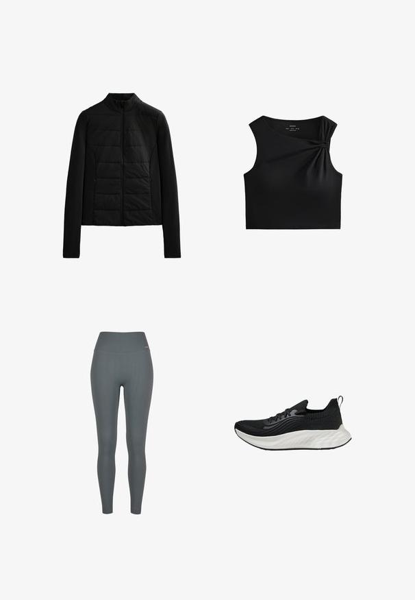 Čierna prešívaná bunda s dlhými rukávmi, stojacím golierom a predným zipsom, navrhnutá pre ľahké teplo a elegantný strih.; Čierny bezrukávový cropped top s uzlom na ramene, vyrobený z hladkého, elastického materiálu s priliehavým strihom.; Rebrované legíny v tmavo sivej farbe, s vysokým pásom, elastickým materiálom a priliehavým strihom. Žiadne viditeľné logo ani vzory.; Čierna športová obuv s textúrovaným zvrškom, bielou polstrovanou podrážkou a nenápadným brandingom. Obsahuje pútko a šnurovanie.