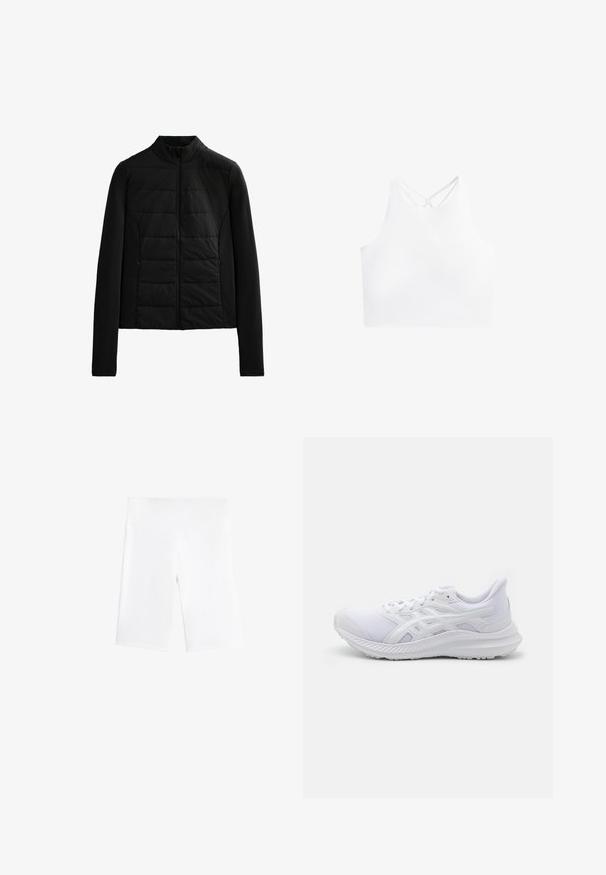 Veste matelassée noire avec manches longues, col montant et fermeture éclair à l'avant, conçue pour offrir une chaleur légère et une coupe élégante.; Crop top de sport blanc avec un col haut et des bretelles croisées à l'arrière, comportant une texture de tissu lisse et extensible.; Shorts de vélo blancs en tissu extensible, dotés d'une taille élastique et d'un design lisse et sans couture. Longueur mi-cuisse.; ASICS JOLT 4 - Chaussures de running sur route - white/pure silver