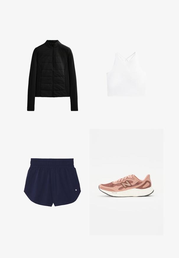 Zwarte gewatteerde jas met lange mouwen, staande kraag en ritssluiting aan de voorkant, ontworpen voor lichte warmte en een slanke pasvorm.; Witte sportieve crop top met een hoge halslijn en dubbele kruislings strapjes op de rug, met een gladde, rekbare stoftextuur.; Marineblauwe sportshorts met een elastische tailleband, twee zijzakken en een klein logo aan de onderkant aan de rechterzijde. Soepele textuur en een ontspannen pasvorm.; Roze hardloopschoen met een bovenkant van mesh, voorzien van een gestructureerd ontwerp en bruine accenten. Lichtgewicht zool met aanzienlijke demping.