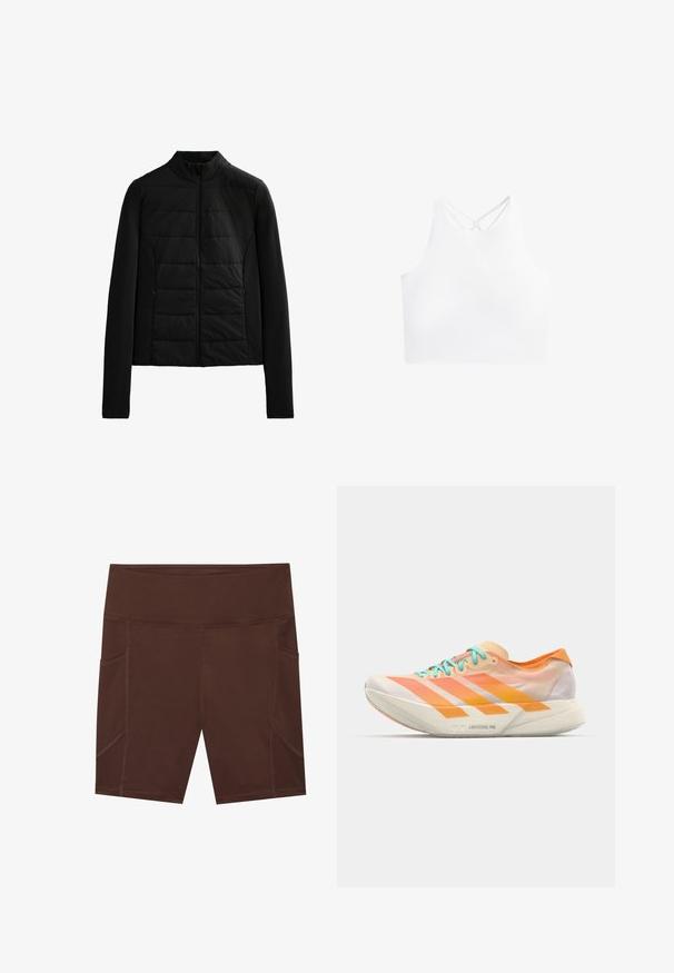 Zwarte gewatteerde jas met lange mouwen, staande kraag en ritssluiting aan de voorkant, ontworpen voor lichte warmte en een slanke pasvorm.; Witte sportieve crop top met een hoge halslijn en dubbele kruislings strapjes op de rug, met een gladde, rekbare stoftextuur.; Bruine sportshorts van gladde stof, met een hoge taille, zijzakken en contrasterende stiksels.; Hardloopschoen met een gemengd ontwerp van oranje, perzik en wit. Beschikt over drie witte strepen en lichtblauwe veters.