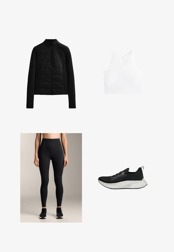 Mustat vuoritut takki pitkillä hihoilla, pystykauluksella ja etuvetoketjulla, suunniteltu kevyeksi lämpöiseksi ja hoikaksi istuvuudeksi.; Valkoinen urheilullinen lyhyt toppi korkealla kauluksella ja kaksinkertaisilla ristikkäisillä hihnoilla selässä, jossa on sileä ja joustava kangastekstuuri.; Mustat korkeavyötäröiset legginsit, jotka on valmistettu joustavasta kankaasta, ja joissa on sileä pinta, saumarakenne ja tiukka muotoilu.; Musta urheilukenkä, jossa on teksturoitu yläosa, valkoinen pehmeä pohja ja hienovarainen brändäys. Varustettu vetonauhalla ja nauhakiinnityksellä.