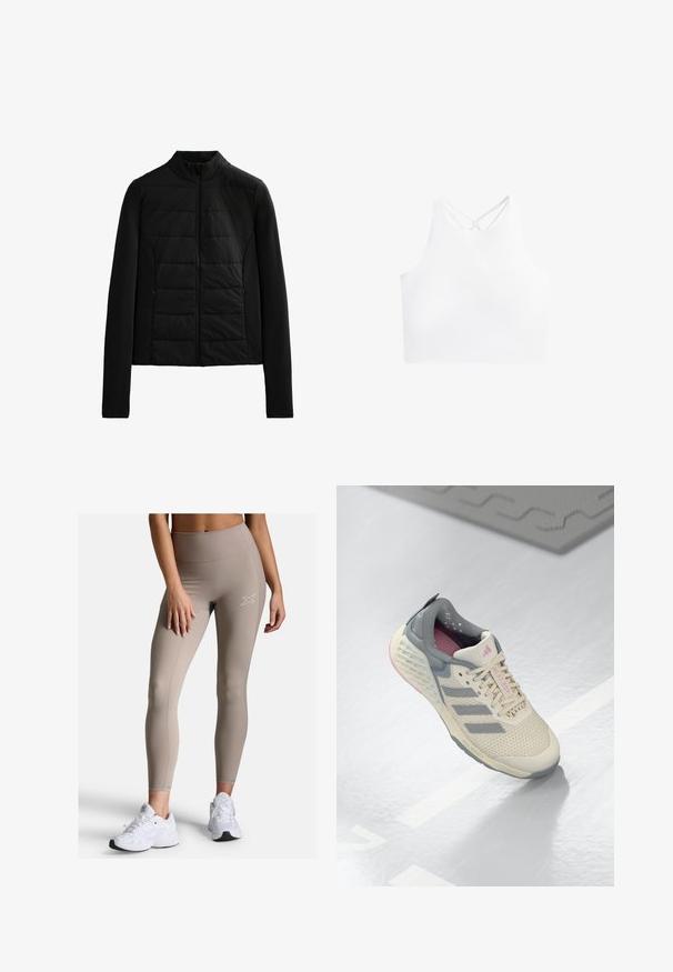 Sort quiltet jakke med lange ærmer, stående krave og lynlåslukning foran, designet til let varme og en slank pasform.; Hvid atletisk crop top med høj halsudskæring og dobbelt krydset stropper på ryggen, der har en glat, strækbar stoftekstur.; Beige højtsiddende leggings med en ribbet talje, glat tekstur og subtil sømdetalje. Parret med hvide atletiske sko.; Beige sporty sko med grå accenter, netoverdel og en tekstureret sål. Har tre grå striber og rosa indvendige detaljer.