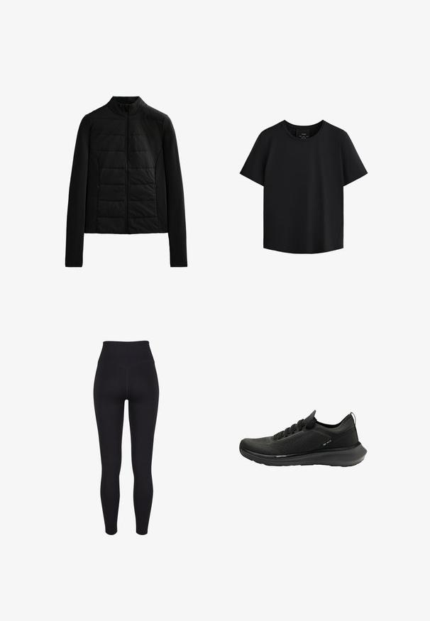 Czarna pikowana kurtka z długimi rękawami, stojącym kołnierzem i zamkiem błyskawicznym z przodu, zaprojektowana z myślą o lekkim cieple i dopasowanym kroju.; Czarny krótki top z rękawem, z okrągłym dekoltem, wykonany z gładkiego materiału, o prostym kroju i subtelnych bocznych szwach, które nadają kształt.; Czarne prążkowane legginsy z wysokim stanem, charakteryzujące się bezszwowym designem, dopasowanym krojem i gładką fakturą. Idealne do aktywności fizycznej.; Czarne sportowe buty z teksturowaną siateczkową cholewką, zakrzywioną podeszwą oraz minimalistycznym designem, wyposażone w sznurowane zapięcie i subtelne oznaczenia marki.
