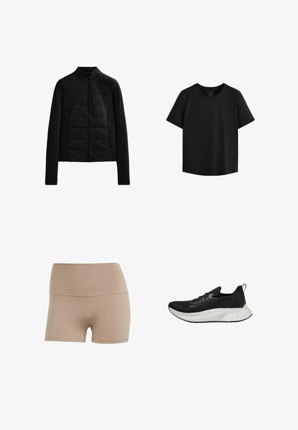 Black quilted jacket with long sleeves, stand collar, and front zipper closure, designed for lightweight warmth and sleek fit.; Black short-sleeve top with a round neckline, crafted from smooth fabric, featuring a straight cut and subtle side seams for shaping.; Nude color stretch fabric shorts with a high waist, smooth texture, and contrasting stitching. Designed for comfort and flexibility.; Black athletic shoe with a textured upper, a white cushioned sole, and subtle branding. Features a pull tab and lace-up closure.