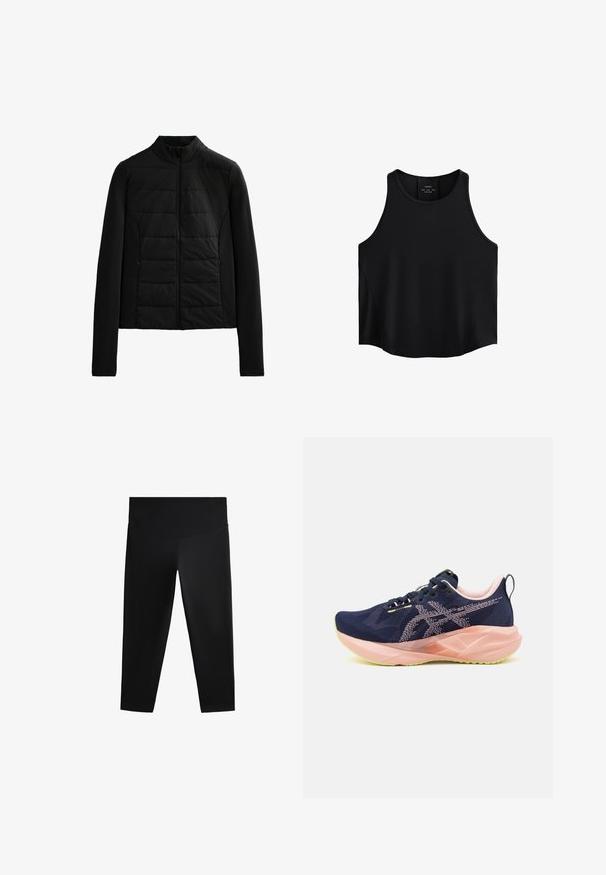 Giacca nera trapuntata con maniche lunghe, colletto rialzato e chiusura con zip frontale, progettata per un calore leggero e una vestibilità elegante.; Top senza maniche nero realizzato in tessuto liscio, caratterizzato da un collo arrotondato, taglio dritto e pannelli laterali con una leggera trama.; Leggings capri neri realizzati in tessuto elasticizzato, con vita alta e una superficie liscia. Nessun motivo visibile o decorazioni.; Scarpe da corsa blu navy con tomaia in rete, dettagli rosa e suola verde. Presentano una suola di forma distintiva e un design con lacci.