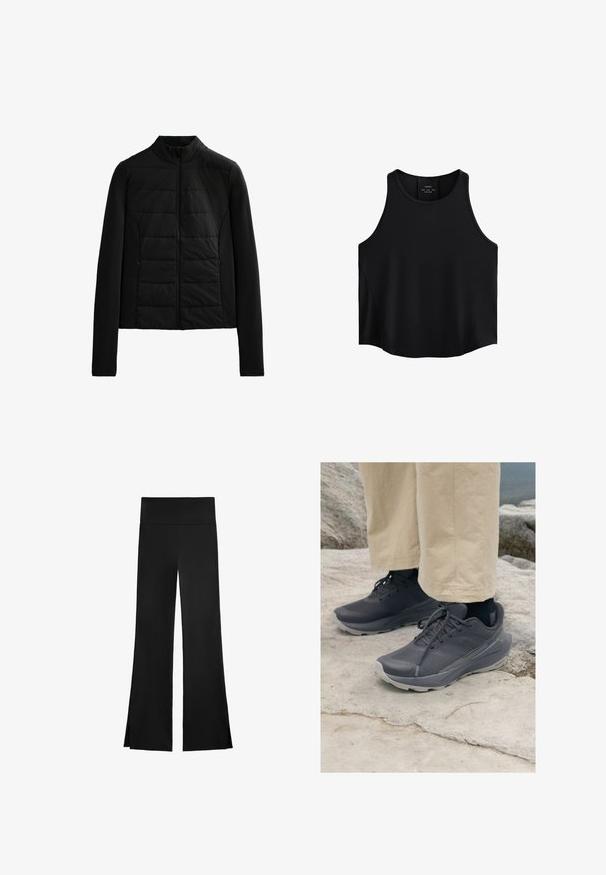 Črna prešita jakna z dolgimi rokavi, stoječim ovratnikom in sprednjim zipom, zasnovana za lahko toploto in eleganten fit.; Črna brezrokavna bluza iz gladkega materiala, ki ima okroglo izrezovanje, raven kroj in stranske panele z rahlo teksturo.; Črne hlače širokega kroja, z visokim pasom in stranskimi režami za lažje gibanje. Narejene iz gladkega, elastičnega materiala.; Salomon ELIXIR TOUR - Pohodniški čevlji - asphalt/black/castle rock