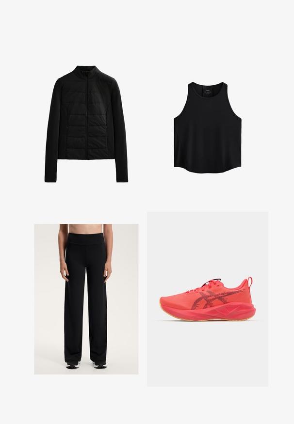 Black quilted jacket with long sleeves, stand collar, and front zipper closure, designed for lightweight warmth and sleek fit.; Black sleeveless top made of smooth fabric, featuring a rounded neckline, straight cut, and side panels with a subtle texture.; Black wide-leg athletic pants with a high waistband. Made from smooth, stretchy fabric, featuring a relaxed fit and subtle texture.; Bright pink athletic shoe with synthetic upper, rubber sole, padded collar, mesh texture, and black logo accents along the side.