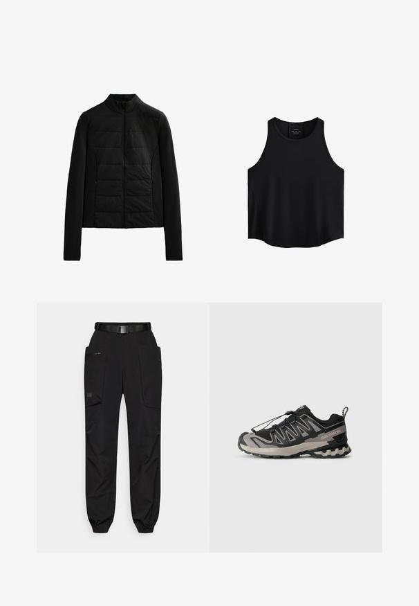 Black quilted jacket with long sleeves, stand collar, and front zipper closure, designed for lightweight warmth and sleek fit.; Black sleeveless top made of smooth fabric, featuring a rounded neckline, straight cut, and side panels with a subtle texture.; Black cargo pants with elastic cuffs, multiple pockets, a belt, and a smooth, slightly textured fabric. Features a zippered side pocket.; Black and gray athletic shoe with mesh upper, rubber sole, and elastic lace system. Features a reinforced toe and textured accents.