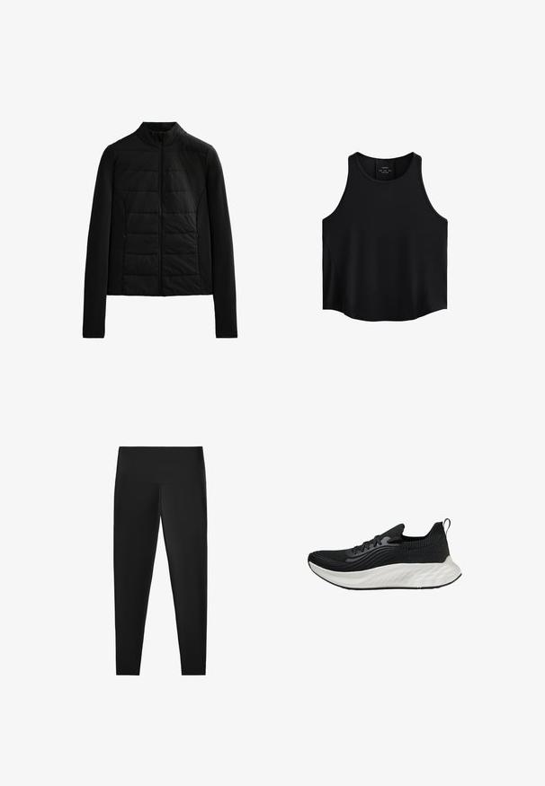 Črna prešita jakna z dolgimi rokavi, stoječim ovratnikom in sprednjim zipom, zasnovana za lahko toploto in eleganten fit.; Črna brezrokavna bluza iz gladkega materiala, ki ima okroglo izrezovanje, raven kroj in stranske panele z rahlo teksturo.; Črne legice z visokim pasom, izdelane iz raztegljivega materiala. Gladka tekstura in prilegajoča zasnova za udobno nošenje. Brez vidnih vzorcev ali dodatkov.; Črne atletske čevlje s teksturiranim zgornjim delom, belim oblazinjenim podplatom in diskretnim logotipom. Imajo zanko za lažje obuvanje in vezalni sistem.