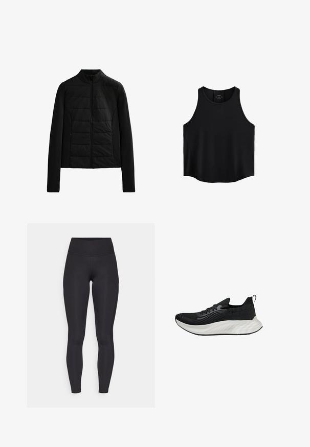 Sort quiltet jakke med lange ærmer, stående krave og lynlåslukning foran, designet til let varme og en slank pasform.; Sort ærmeløs top lavet af glat stof, med en rund halsudskæring, lige snit og sidelapper med en subtil tekstur.; Nike Performance FAST 7/8 - Tights - black/white; Sort atletisk sko med en tekstureret overdel, en hvid polstret sål og diskret branding. Har en trækflap og snørelukning.