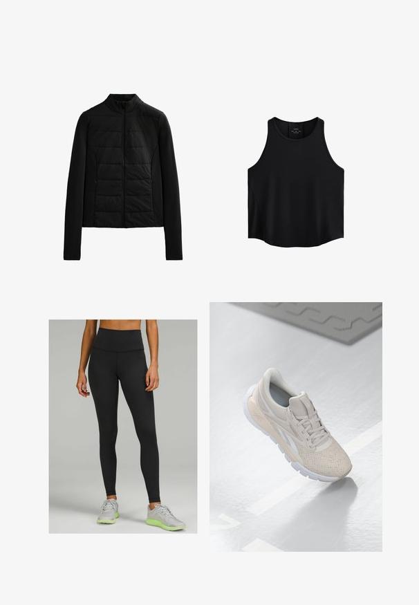 Mustat vuoritut takki pitkillä hihoilla, pystykauluksella ja etuvetoketjulla, suunniteltu kevyeksi lämpöiseksi ja hoikaksi istuvuudeksi.; Musta hihaton pusero, joka on valmistettu sileästä kankaasta. Siinä on pyöreä pääntie, suora leikkaus ja sivupaneelit, joissa on huomaamaton tekstuuri.; Mustat korkeavyötäröiset legginsit, jotka on valmistettu joustavasta materiaalista ja joissa on sileä pinta sekä tiukka muotoilu. Yhdistetty vaaleanharmaisiin urheilukenkiin.; Vaaleabeige urheilusukka, jossa on rei'itetty päällinen, tekstuuriset aksentit, pehmustettu nilkkareunus ja valkoinen kumipohja, suunniteltu mukavuutta ja hengittävyyttä varten.