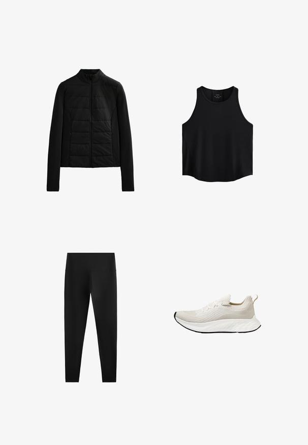 Fekete steppelt dzseki hosszú ujjakkal, álló gallérral és elől zippzárral, amely a könnyű melegséget és a karcsú illeszkedést szolgálja.; Fekete ujjatlan felső sima anyagból, lekerekített nyakkivágással, egyenes szabással és oldalsó panelekben diszkrét textúrával.; Fekete leggings rugalmas anyagból, magas derékkal és sima felülettel. Nincsenek látható minták vagy fémrészek.; Felhőfehér sportcipő, texturált kötött felsőrésszel és rugalmas talppal, díszes fűzőkkel és hátul pull tab-bal.