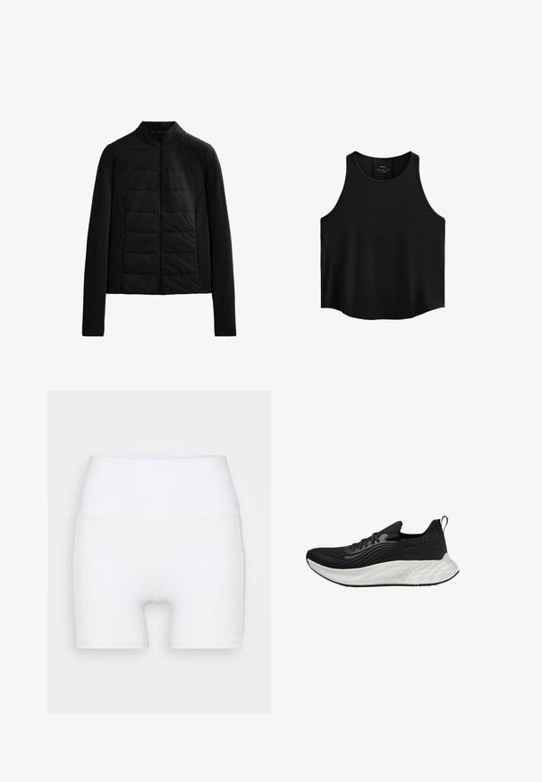 Černá prošívaná bunda s dlouhými rukávy, stojáčkem a předním zipem, navržená pro lehké teplo a týmový střih.; Černý bezrukávový top vyrobený z hladké látky, s kulatým výstřihem, rovného střihu a postranními panely s jemnou texturou.; Bílé šortky s vysokým pasem vyrobené z elastického materiálu. Mají hladký povrch a přiléhavý střih, bez dalších vzorů či kovových prvků.; Černá sportovní bota s texturovaným svrškem, bílou polstrovanou podrážkou a diskrétním brandingem. Obsahuje poutko a šněrování.