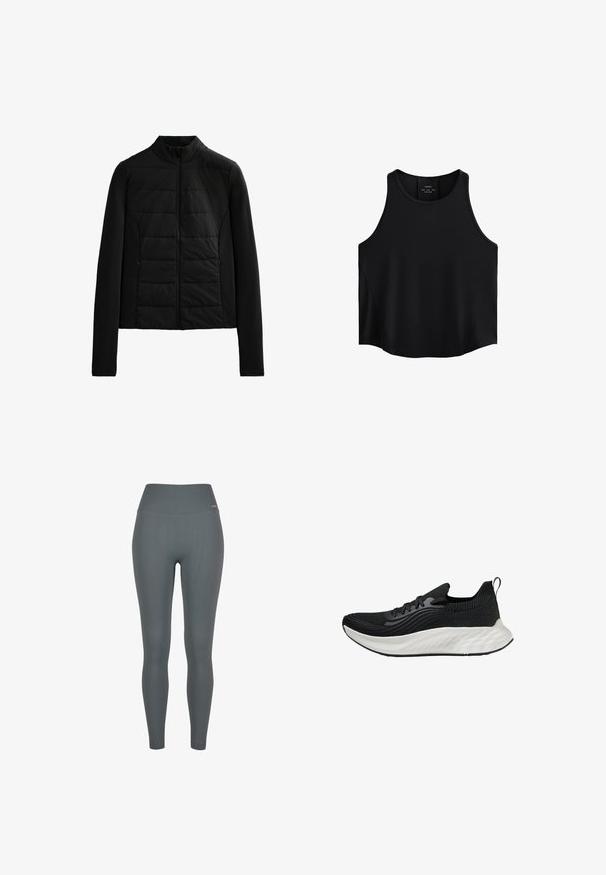 Veste matelassée noire avec manches longues, col montant et fermeture éclair à l'avant, conçue pour offrir une chaleur légère et une coupe élégante.; Haut sans manches noir en tissu lisse, avec un col rond, une coupe droite et des panneaux latéraux avec une texture subtile.; Leggings côtelés de couleur gris foncé, dotés d'une taille haute, d'un tissu extensible et d'une coupe ajustée. Sans logos ni motifs visibles.; chaussure de sport noire avec un dessus texturé, une semelle blanche rembourrée et un branding subtil. Comprend une languette et un laçage.