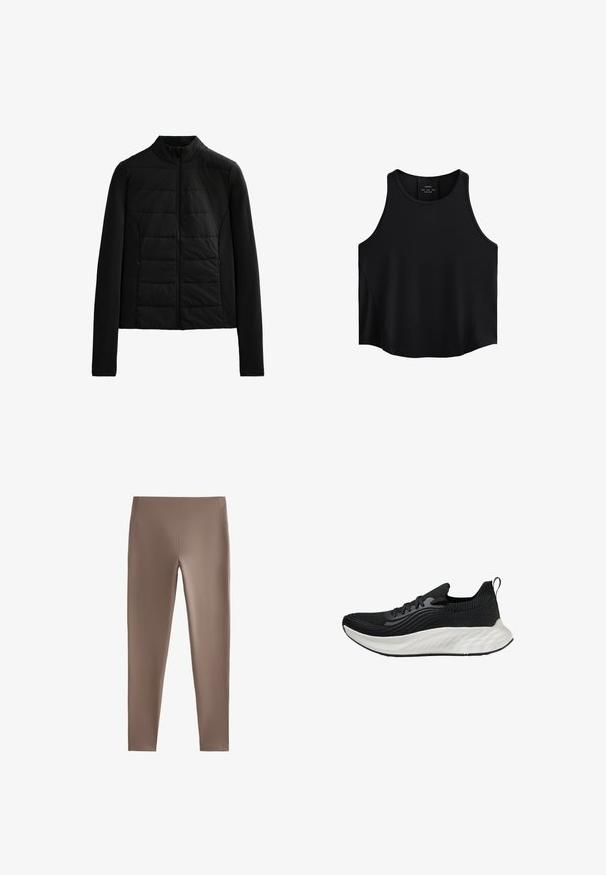 Černá prošívaná bunda s dlouhými rukávy, stojáčkem a předním zipem, navržená pro lehké teplo a týmový střih.; Černý bezrukávový top vyrobený z hladké látky, s kulatým výstřihem, rovného střihu a postranními panely s jemnou texturou.; Hnědé legíny vyrobené z elastické tkaniny; přiléhavý design s hladkou texturou, středně vysoký pás a žádné viditelné kapsy nebo ozdoby.; Černá sportovní bota s texturovaným svrškem, bílou polstrovanou podrážkou a diskrétním brandingem. Obsahuje poutko a šněrování.