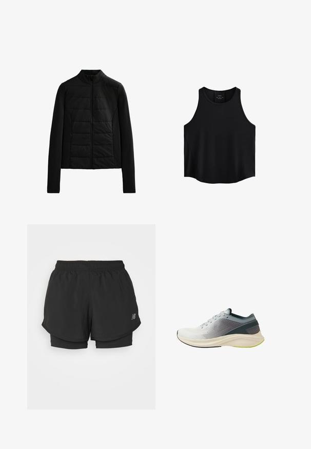 Černá prošívaná bunda s dlouhými rukávy, stojáčkem a předním zipem, navržená pro lehké teplo a týmový střih.; Černý bezrukávový top vyrobený z hladké látky, s kulatým výstřihem, rovného střihu a postranními panely s jemnou texturou.; Černé sportovní šortky s elastickým pasem, které mají vrstvený design a vnitřní podšívku. Tkanina vypadá lehce a hladce.; Lehká běžecká obuv s texturovaným šedobílým síťovaným svrškem, flexibilní podrážkou a limetkově zeleným akcentem na podešvi.