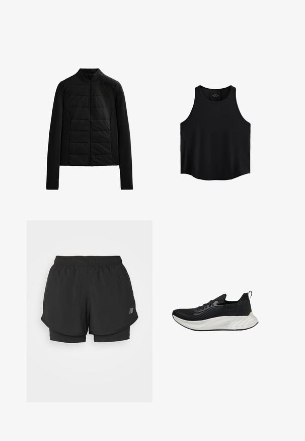 Črna prešita jakna z dolgimi rokavi, stoječim ovratnikom in sprednjim zipom, zasnovana za lahko toploto in eleganten fit.; Črna brezrokavna bluza iz gladkega materiala, ki ima okroglo izrezovanje, raven kroj in stranske panele z rahlo teksturo.; Črne športne kratke hlače z elastičnim pasom, s plastenjem in notranjim podlogom. Tkanina se zdi lahka in gladka.; Črne atletske čevlje s teksturiranim zgornjim delom, belim oblazinjenim podplatom in diskretnim logotipom. Imajo zanko za lažje obuvanje in vezalni sistem.