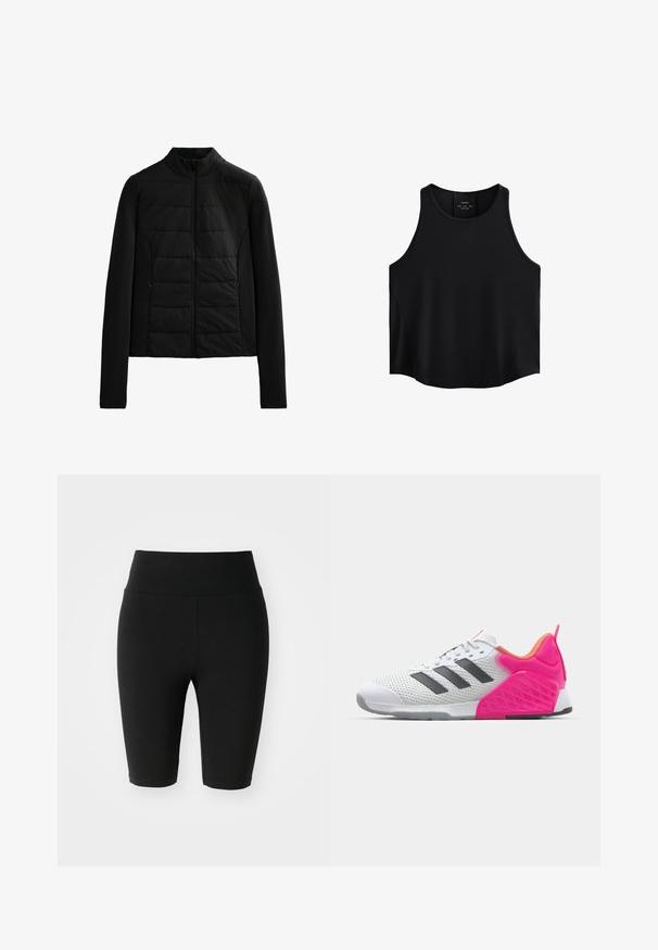 Fekete steppelt dzseki hosszú ujjakkal, álló gallérral és elől zippzárral, amely a könnyű melegséget és a karcsú illeszkedést szolgálja.; Fekete ujjatlan felső sima anyagból, lekerekített nyakkivágással, egyenes szabással és oldalsó panelekben diszkrét textúrával.; Fekete kerékpáros rövidnadrág rugalmas anyagból, magas derékkal és varrásmentes kialakítással. Hossza éppen a térd felett ér véget.; Fehér sportcipő szürke csíkokkal, hálós felsőrész, rózsaszín sarkal és kiegészítőkkel. Szerkezete textúrázott sarokkal és gumitalppal rendelkezik. Fűzővel és párnázott gallérral.
