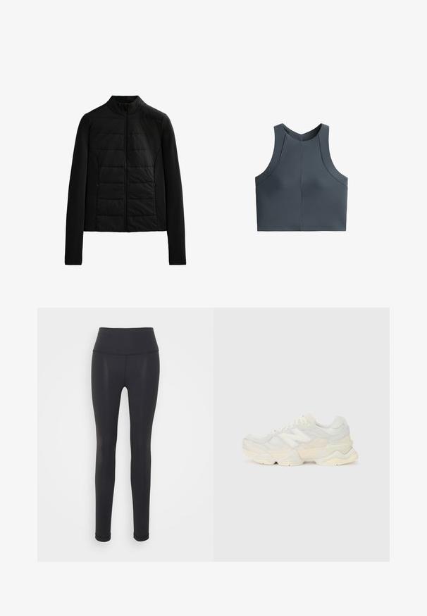 Zwarte gewatteerde jas met lange mouwen, staande kraag en ritssluiting aan de voorkant, ontworpen voor lichte warmte en een slanke pasvorm.; Grijze cropped top met een geribbelde textuur, mouwloos ontwerp en ronde halslijn, met naadaccenten voor een gestructureerde pasvorm.; Zwarte leggings gemaakt van rekbaar materiaal, met een hoge tailleband, een aansluitend ontwerp en naadloze constructie, geschikt voor sportieve kleding.; Lichte sneaker met een bovenwerk van mesh en suede in zachte crèmekleuren, met een chunky zool en driedimensionale accenten.