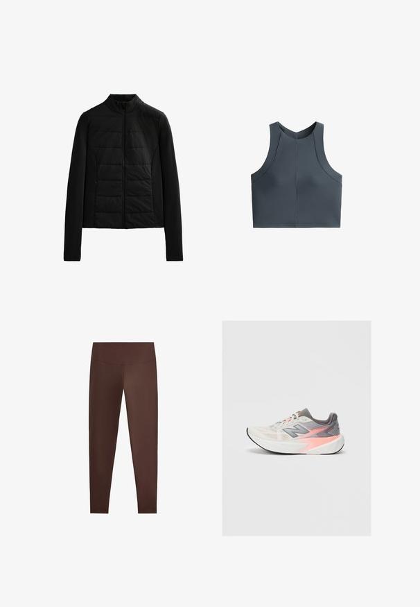 Czarna pikowana kurtka z długimi rękawami, stojącym kołnierzem i zamkiem błyskawicznym z przodu, zaprojektowana z myślą o lekkim cieple i dopasowanym kroju.; Szary krótki top o prążkowanej fakturze, bez rękawów, z okrągłym dekoltem, z akcentami szwów dla lepszego dopasowania.; Brązowe legginsy wykonane z gładkiego, elastycznego materiału, z wysokim stanem i dopasowaną sylwetką, bez widocznych wzorów ani ozdób.; Jasnoszare i różowe buty do biegania New Balance z grubą białą podeszwą i czarną podeszwą zewnętrzną, widok z boku na jednolitym tle.