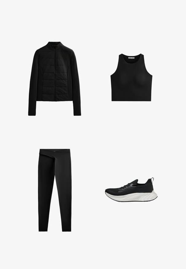 Czarna pikowana kurtka z długimi rękawami, stojącym kołnierzem i zamkiem błyskawicznym z przodu, zaprojektowana z myślą o lekkim cieple i dopasowanym kroju.; Czarny top crop z wysokim dekoltem, bez rękawów, wykonany z gładkiego, elastycznego materiału. Brak widocznych szwów lub wzorów. Prosty i minimalistyczny styl.; Czarne legginsy wykonane z gładkiego, elastycznego materiału. Posiadają wysoki pas oraz dopasowany krój z prostymi nogawkami do kostek.; Czarne sportowe buty z teksturowanym cholewką, białą amortyzowaną podeszwą i subtelnym brandingiem. Posiadają pętelkę i sznurowadła.
