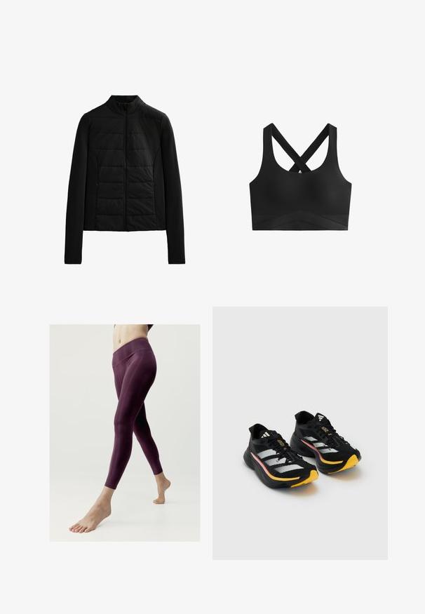 Svart vadderad jacka med långa ärmar, ståkrage och frontdragkedja, designad för lätt värme och en slimmad passform.; Svart sportbh med korsade remmar, slät textur och ett brett band med ett chevronmönster på den nedre sektionen.; Leggings i dunkel lila tyg med en mjuk textur, hög midja och figurnära passform. Barfota modell som går mot en neutral bakgrund.; Svarta sportskor med vita ränder, gula tåaccenter och texturerade ovandelar. Har en vadderad sula och svarta snörningar.
