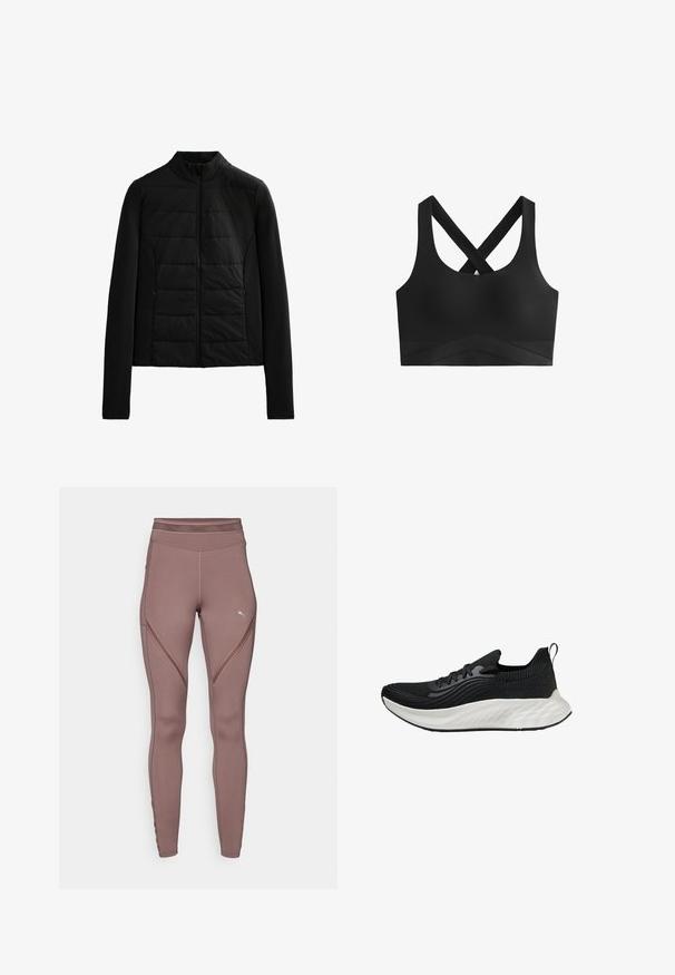 Giacca nera trapuntata con maniche lunghe, colletto rialzato e chiusura con zip frontale, progettata per un calore leggero e una vestibilità elegante.; Top sportivo nero con spalline incrociate, texture liscia e una fascia ampia con motivo a forma di chevron nella parte inferiore.; Leggings marroni a vita alta realizzati in tessuto elastico, caratterizzati da motivi geometrici nelle cuciture e un piccolo logo sul lato sinistro.; Scarpe sportive nere con tomaia testurizzata, suola bianca ammortizzata e branding discreto. Presentano un'utilità per il tallone e chiusura con lacci.