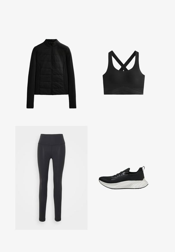 Mustat vuoritut takki pitkillä hihoilla, pystykauluksella ja etuvetoketjulla, suunniteltu kevyeksi lämpöiseksi ja hoikaksi istuvuudeksi.; Musta urheilu rintaliivit ristikkäisillä hihnoilla, sileällä pinnalla ja leveällä vyötäröbandilla, jonka alaosassa on viistokuvio.; Mustat legginsit, jotka on valmistettu joustavasta kankaasta, korkealla vyötäröllä, vartalonmyötäisellä muotoilulla ja saumatonta rakennetta, sopivat aktiiviseen pukeutumiseen.; Musta urheilukenkä, jossa on teksturoitu yläosa, valkoinen pehmeä pohja ja hienovarainen brändäys. Varustettu vetonauhalla ja nauhakiinnityksellä.