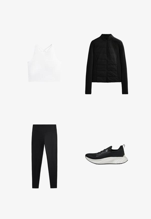 Black quilted jacket with long sleeves, stand collar, and front zipper closure, designed for lightweight warmth and sleek fit.; White athletic crop top with a high neckline and dual crisscross straps at the back, featuring a smooth, stretchy fabric texture.; Black leggings made of smooth, stretchy fabric. Features a wide waistband and tapered leg design, suitable for active or casual wear.; Black athletic shoe with a textured upper, a white cushioned sole, and subtle branding. Features a pull tab and lace-up closure.