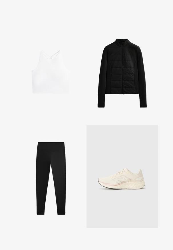 Črna prešita jakna z dolgimi rokavi, stoječim ovratnikom in sprednjim zipom, zasnovana za lahko toploto in eleganten fit.; Bela atletska crop majica z visokim ovratnikom in dvema križnima trakoma na hrbtni strani, izdelana iz gladkega in raztegljivega materiala.; Črne legice iz gladkega, raztegljivega materiala. Zasnova z visokim pasom z detajli pri gležnjih in brez vidnih vzorcev ali dodatkov.; Svetlo bež tekaška obutev z teksturirano mrežasto zgornjico, rožnata nagibna črta, oblazinjeni podplat in odsevna srebrna logotipna podrobnost na strani.