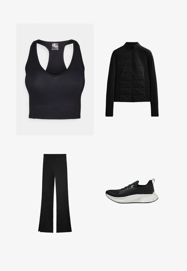 Czarna pikowana kurtka z długimi rękawami, stojącym kołnierzem i zamkiem błyskawicznym z przodu, zaprojektowana z myślą o lekkim cieple i dopasowanym kroju.; Czarny stanik sportowy z dekoltem w kształcie litery V i plecami w stylu racerback. Wykonany z gładkiego, elastycznego materiału z płaskimi szwami dla komfortu i wsparcia.; Czarne spodnie o szerokim kroju, z wysokim stanem i bocznymi rozcięciami dla łatwości ruchu. Wykonane z gładkiego, elastycznego materiału.; Czarne sportowe buty z teksturowanym cholewką, białą amortyzowaną podeszwą i subtelnym brandingiem. Posiadają pętelkę i sznurowadła.