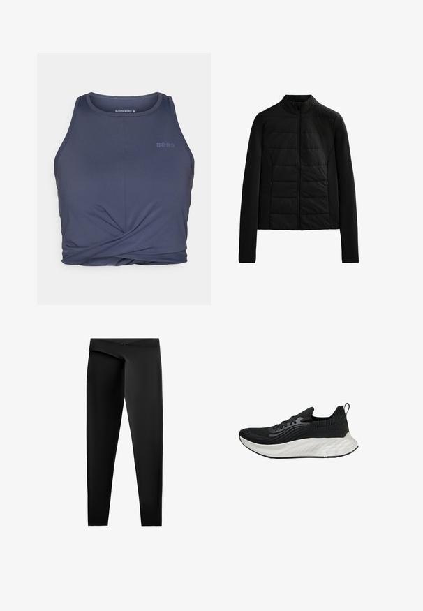 Crna jakna s pikotama, dugih rukava, stojećim ovratnikom i prednjim zatvaračem, dizajnirana za laganu toplinu i elegantno pristajanje.; Tamno plavi atletski majica bez rukava s okruglim izrezom, s dizajnom upletenog prednjeg dijela i ispisanim riječima "BORG" u svjetlijoj nijansi.; Crne tajice od glatkog, rastezljivog materijala. Imaju visok pojas i uski kroj sa ravnim rezom do gležnjeva.; Crna atletska cipela s teksturiranim gornjim dijelom, bijelim jastučićem potplatom i suptilnim brendingom. Ima petlju za povlačenje i vezanje.