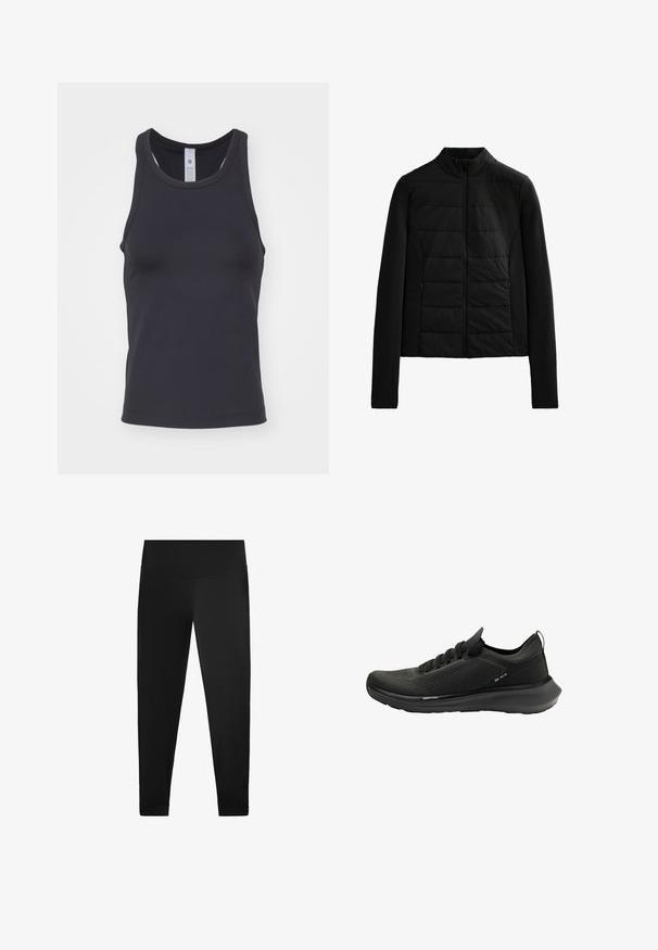Giacca nera trapuntata con maniche lunghe, colletto rialzato e chiusura con zip frontale, progettata per un calore leggero e una vestibilità elegante.; Top nero senza maniche realizzato in tessuto morbido ed elasticizzato. Presenta un collo arrotondato e spalline larghe, progettato per una vestibilità aderente.; Leggings neri realizzati in tessuto liscio e elasticizzato. Design a vita alta con dettagli alle caviglie e senza motivi o hardware visibili.; Scarpa atletica nera con tomaia in mesh testurizzato, suola curva e design minimalista con chiusura con lacci e marchio discreto.