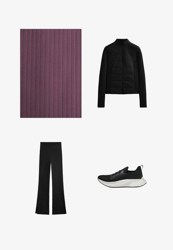 Svart vadderad jacka med långa ärmar, ståkrage och frontdragkedja, designad för lätt värme och en slimmad passform.; Ribbade tyger i mörk lila, med vertikala linjer och en mjuk textur. Materialet verkar något plyschigt med en subtil lyster.; Svarta byxor med en vid design, utrustade med hög midja och sidofickor för ökad rörelsefrihet. Tillverkade av ett mjukt, stretchigt tyg.; Svart atletisk sko med en texturerad ovandel, en vit vadderad sula och subtil märkeslogotype. Har en dragflik och snörning.