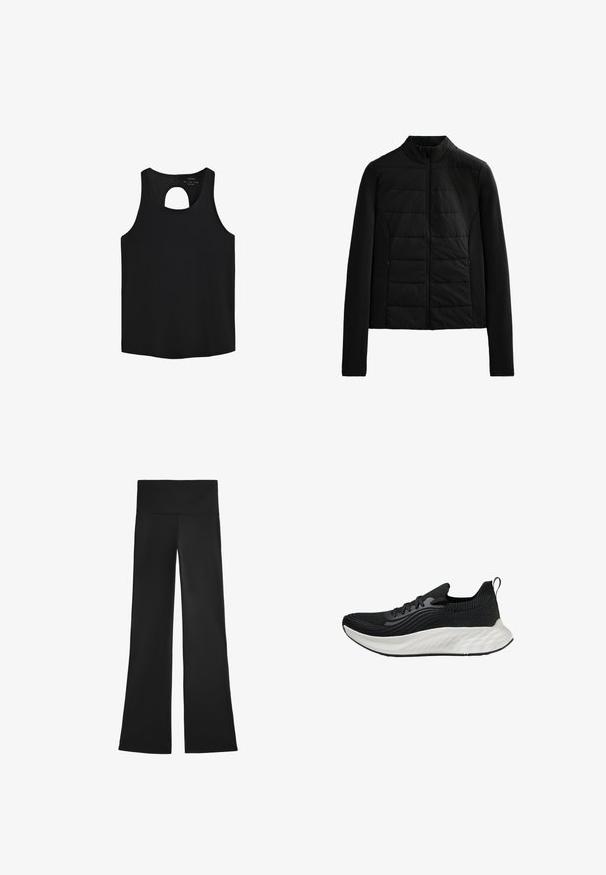 Giacca nera trapuntata con maniche lunghe, colletto rialzato e chiusura con zip frontale, progettata per un calore leggero e una vestibilità elegante.; Top senza maniche nero realizzato in un tessuto morbido, con un'apertura rotonda sulla schiena e un orlo dritto. Design semplice senza ulteriori motivi.; Pantaloni neri a palazzo realizzati in tessuto elasticizzato, con una vita alta e una texture liscia, privi di motivi visibili o dettagli in metallo.; Scarpe sportive nere con tomaia testurizzata, suola bianca ammortizzata e branding discreto. Presentano un'utilità per il tallone e chiusura con lacci.